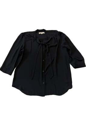 LOFT Black Bow Neck Tie Botton Down Blouse Work Office Top 3/4 Sleeve
